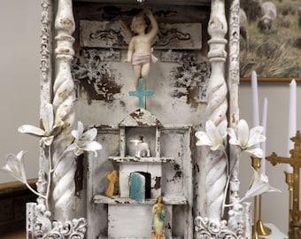 Handmade white wood altar shrine, French Nordic showcase hand crafted devotional niche shadowbox, weathered time worn agedanita spero design