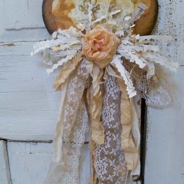 Shabby chic heart wall hanging handmade tea stained tattered lace muslin peachy pink ooak Anita Spero