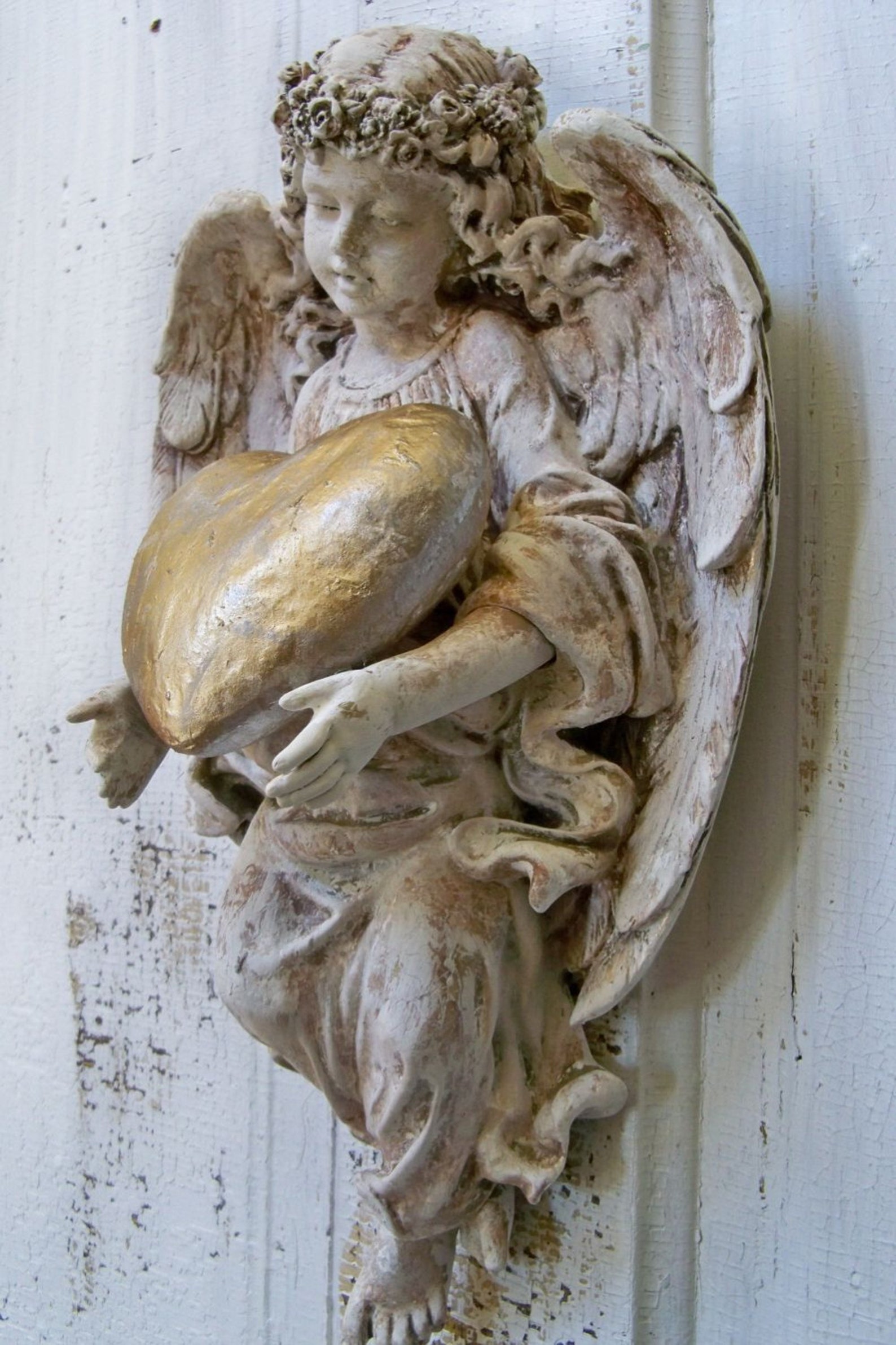 Angel sculpture hand painted distressed figurine holding Etsy