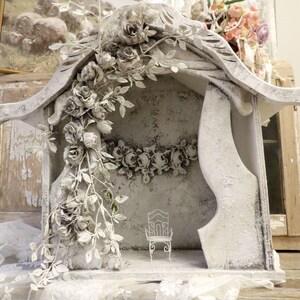 Wood Shadowbox Display Niche, Hand painted distressed, Barbola Roses, Anita Spero Design