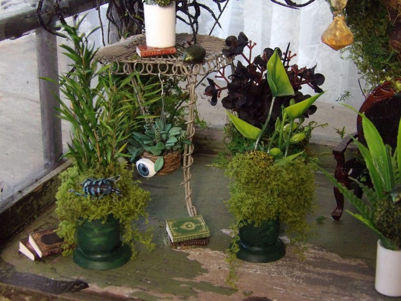 Op de afbeelding: Een miniatuur, grillige display met potplanten, mos en decoratieve elementen. De sc&egrave;ne bevat een kleine draadtafel, miniatuurboeken en een hangmand met een groot oog. Het kleurenpalet wordt gedomineerd door groen, bruin en donkere accenten.