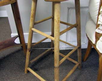 Vintage natural bare wood stool, rustic farmhouse distressed light wood, bar stool, kitchen, garden element, plant stand Anita Spero design