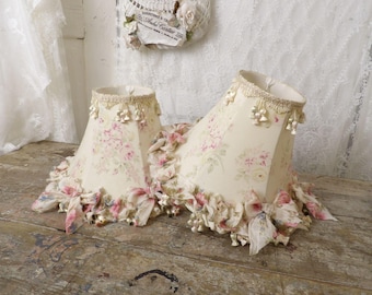 Lamp shade pair, Shabby chic, with hand torn vintage fabric, cottagecore, great for living room or bedroom anita spero design