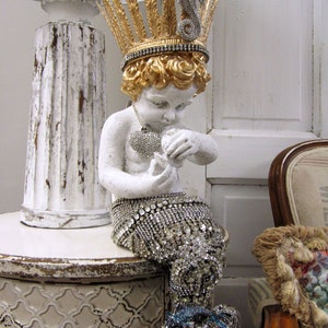 Large mermaid statue with rhinestone jeweled tail and seahorse crown, one of a kind crowned mermaid figure home decor art anita spero design image 10