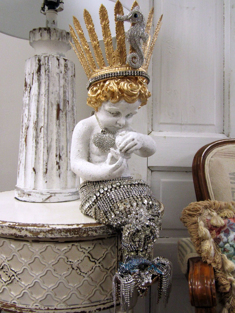 Large mermaid statue with rhinestone jeweled tail and seahorse crown, one of a kind crowned mermaid figure home decor art anita spero design image 10