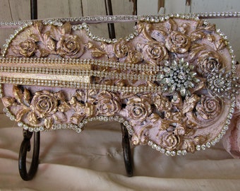 Hand painted pink violin embellished in roses and rhinestone accented in gold with bow home decor  by Anita Spero Design