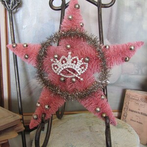 Large vintage pink bottle brush star original tinsel wreath w/ silver balls, shabby Christmas adorned rhinestone crown anita spero design image 10
