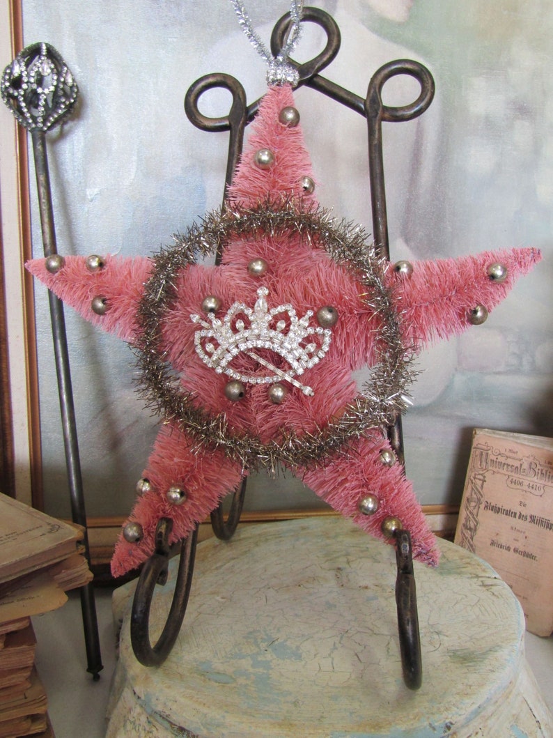 Large vintage pink bottle brush star original tinsel wreath w/ silver balls, shabby Christmas adorned rhinestone crown anita spero design image 10