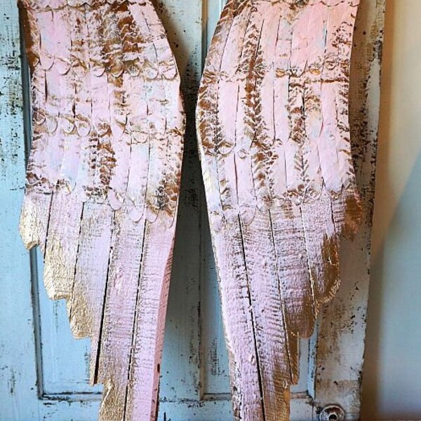Angel wings wall hanging pink w/ gold wood and metal shabby cottage chic rusty distressed cherub wing set home decor anita spero design