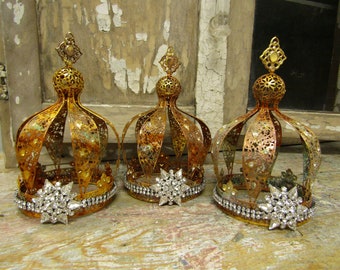 Collection of metal crowns, aged patina French Santos rustic crown threesome for home decor statues or gift ideas anita spero design