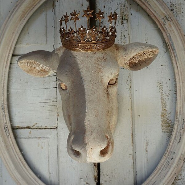 Kuh Kopf Wandhalterung weiß w / Kitt graue rustikale Bauernhaus Land bovine Krone faux Präparatoren Wandbehang Dekor lackiert Anita Spero Design