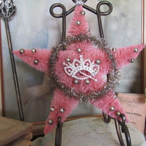 Large vintage pink bottle brush star original tinsel wreath w/ silver balls, shabby Christmas adorned rhinestone crown anita spero design image 8