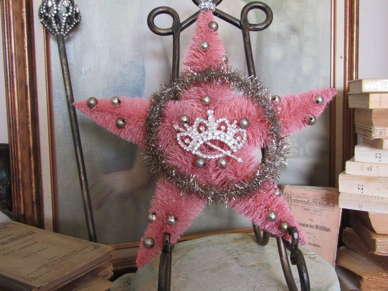 Large vintage pink bottle brush star original tinsel wreath w/ silver balls, shabby Christmas adorned rhinestone crown anita spero design image 8