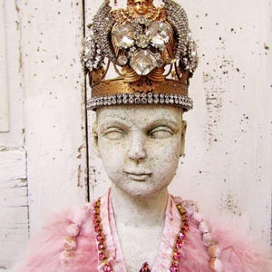 Pink Santos Cage Doll Statue, handmade crown, Glitter Stars, Feathers, Rhinestones, Birdcage Centerpiece by anita spero design