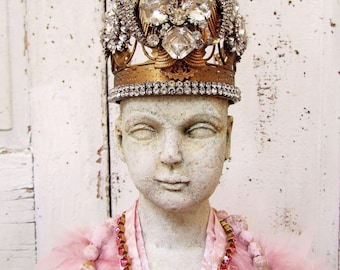 Pink Santos Cage Doll Statue, handmade crown, Glitter Stars, Feathers, Rhinestones, Birdcage Centerpiece by anita spero design