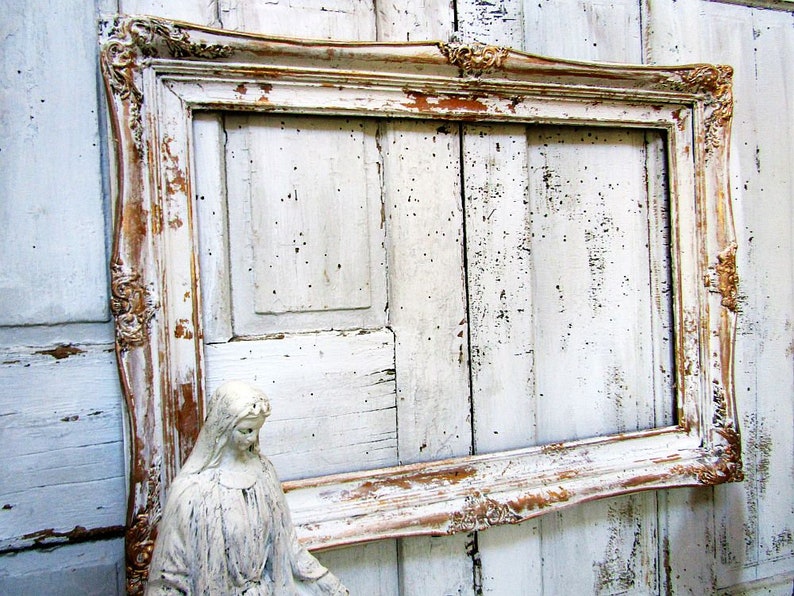 Large White Distressed Picture Frame Gold Accented French Image 0