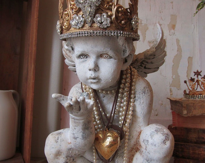 Distressed Cherub Statue With Handmade Ornate Crown, Embellished in
