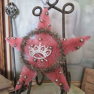 Large vintage pink bottle brush star original tinsel wreath w/ silver balls, shabby Christmas adorned rhinestone crown anita spero design image 4