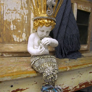 Large mermaid statue with rhinestone jeweled tail and seahorse crown, one of a kind crowned mermaid figure home decor art anita spero design image 7