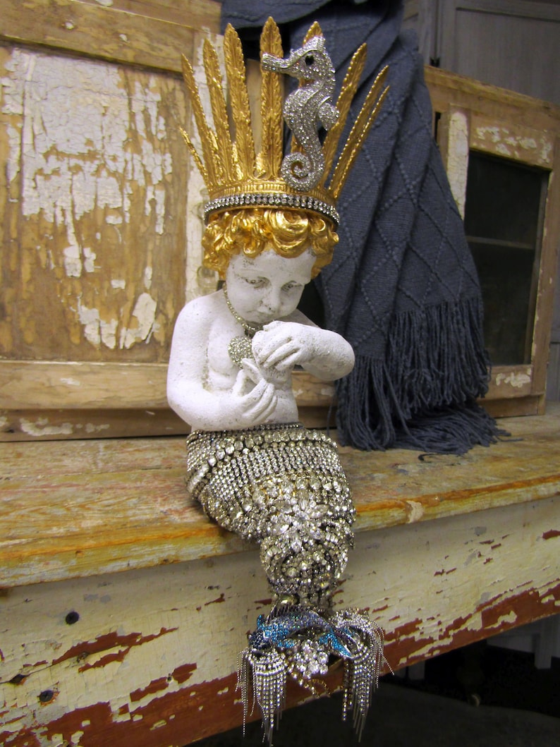 Large mermaid statue with rhinestone jeweled tail and seahorse crown, one of a kind crowned mermaid figure home decor art anita spero design image 7