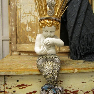 Large mermaid statue with rhinestone jeweled tail and seahorse crown, one of a kind crowned mermaid figure home decor art anita spero design image 8