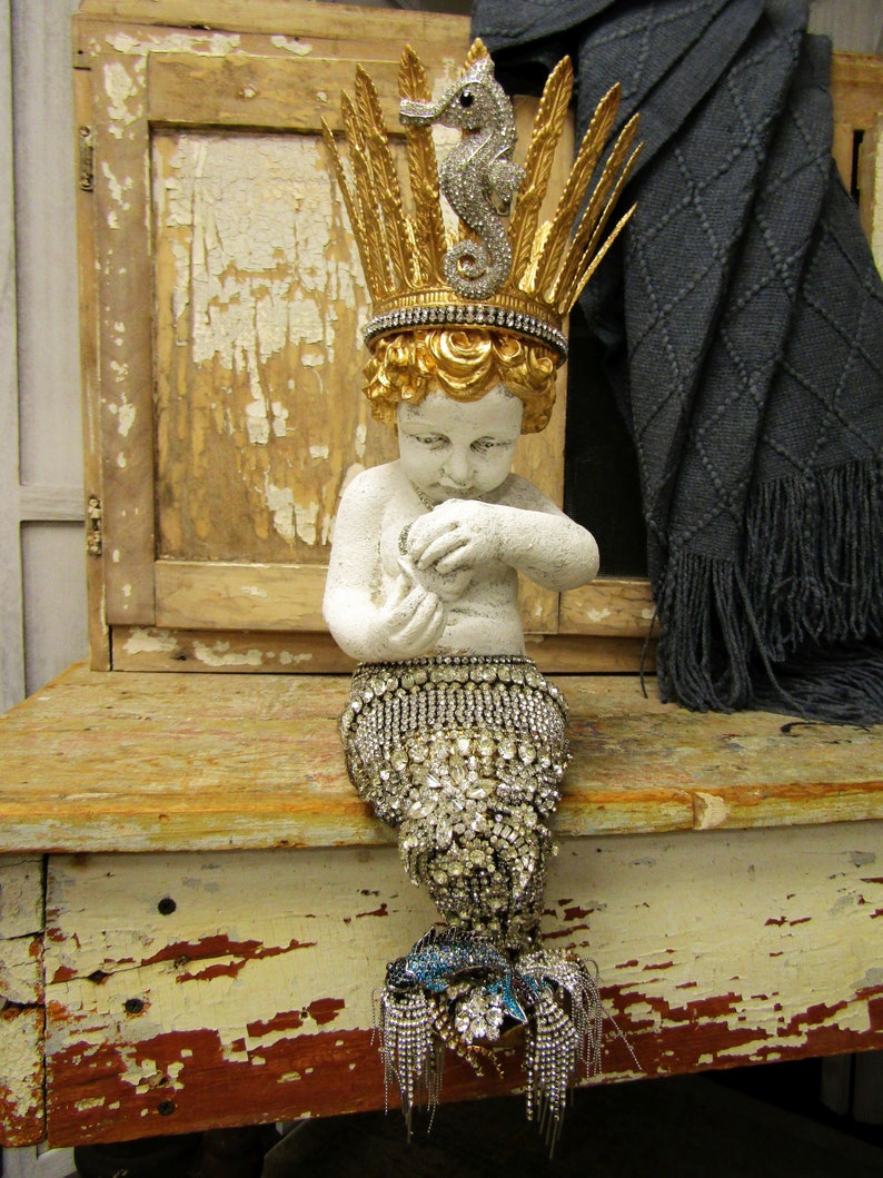 Large mermaid statue with rhinestone jeweled tail and seahorse crown, one of a kind crowned mermaid figure home decor art anita spero design image 8