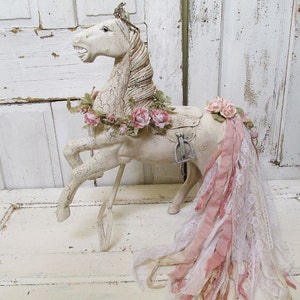 Large white horse statue shabby cottage chic wood sculpture pink tattered tail crown embellishments French antique decor anita spero design image 1