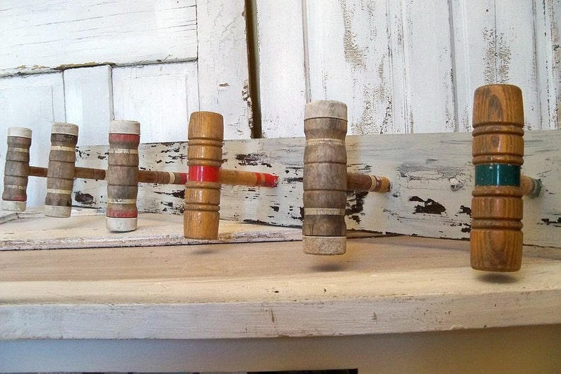 Reclaimed Croquet mallet wood coat rack wall decor shabby Etsy