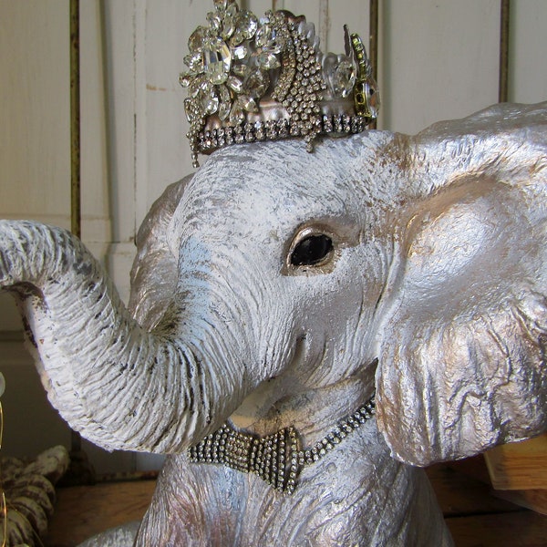 Ornate elephant statue and rhinestone crown painted silver gold over white distressed pachyderm figure home decor anita spero design