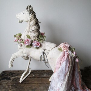 Large white horse statue shabby cottage chic wood sculpture pink tattered tail crown embellishments French antique decor anita spero design image 5