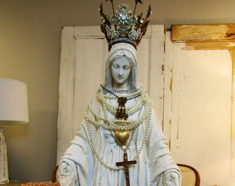 White Virgin Mary statue sculpture with crown, tall French Nordic distressed blessed mother including handmade crown anita spero design