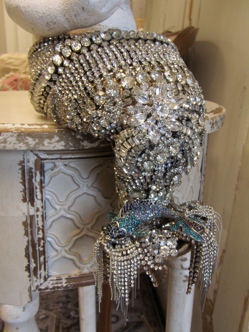 Large mermaid statue with rhinestone jeweled tail and seahorse crown, one of a kind crowned mermaid figure home decor art anita spero design image 3