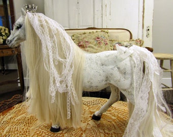 Albino white blond horse statue with long mane to design, hand painted with crown, white lashes and long tail anita spero design