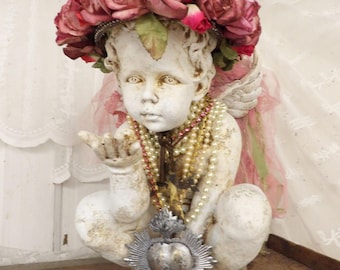 Cherub statue with pink rose crown, shabby cottage cherubim statuary with handmade roses Anita Spero Design