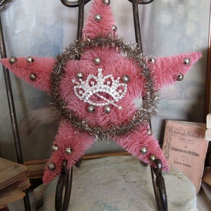 Large vintage pink bottle brush star original tinsel wreath w/ silver balls, shabby Christmas adorned rhinestone crown anita spero design image 6