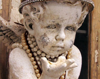 Painted distressed Cherub statue with large embellished rhinestone crown, plaster texture with aged patina Cherubim anita spero design