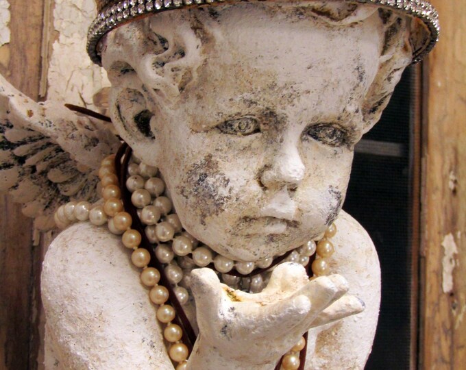 Painted Distressed Cherub Statue With Large Embellished Rhinestone