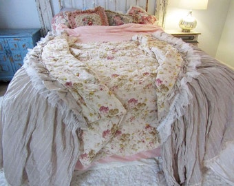 Soft pink and taupe French rose quilt with embroidered panels, faded floral bedspread throw English French decor  anita spero design