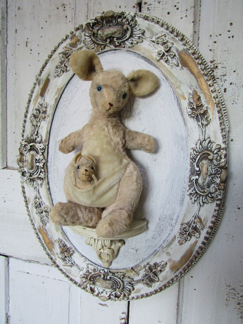 Kangaroo and baby Roo in pouch plush framed distressed ornate oval frame wall decoration anita spero design image 10