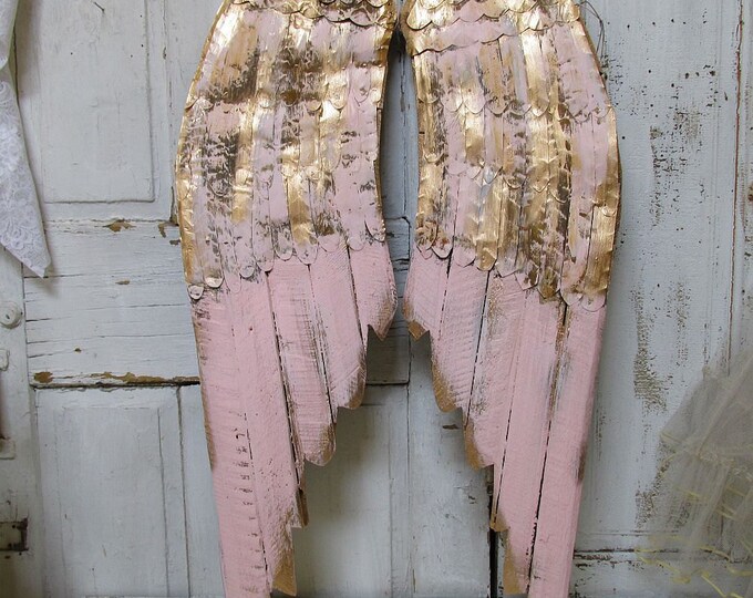 Pink Angel Wings Wall Decor Accented Gold Rusty Metal and Wood