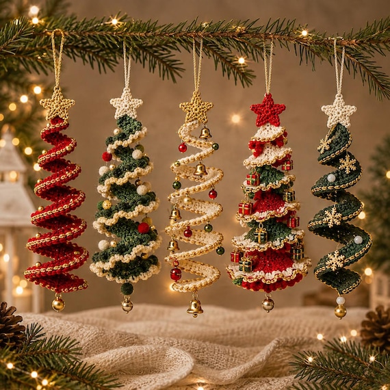 Crochet Christmas Tree Ornaments PDF, Spiral Crochet Tree Pattern, Festive Hanging Christmas Decor, Holiday Ornament Pattern