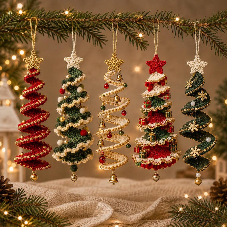 May include: Five spiral-shaped crochet Christmas tree ornaments hanging from a branch. Each tree features a star topper and unique decorations including small bells, miniature gift boxes, white pom-poms, and gold snowflake accents in red, green, and cream.