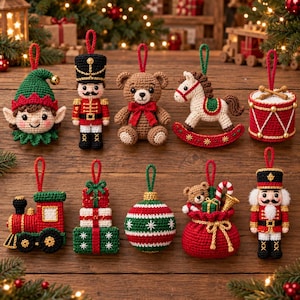 May include: A collection of ten crocheted Christmas ornaments featuring an elf, a nutcracker, a teddy bear, a rocking horse, a drum, a train, a stack of gifts, a striped ball, a gift sack with a bear, and a second nutcracker with a white beard.