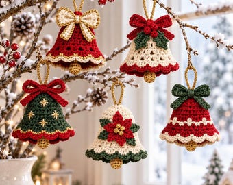 Molde em PDF para enfeites de sino de Natal em crochê, decorações festivas para as festas de fim de ano (download digital)