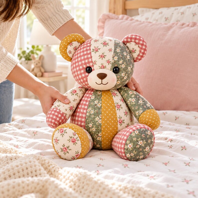 Pode incluir: Um urso de peluche de patchwork feito com v&aacute;rios padr&otilde;es de tecido, incluindo xadrez vichy rosa, estampados florais verdes e bolinhas amarelo-mostarda. O brinquedo tem um focinho creme, nariz bordado castanho e olhos de bot&atilde;o pretos.