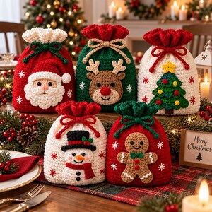 May include: Five crochet drawstring gift bags featuring holiday designs: a red Santa Claus, a green reindeer, a white Christmas tree, a white snowman with a black top hat, and a red gingerbread man, all decorated with white snowflake accents.