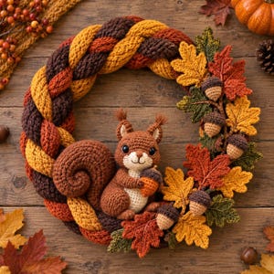May include: A circular wreath made of braided yarn in shades of brown, orange, and yellow. A crocheted squirrel sits at the bottom, holding a small acorn. The wreath is decorated with crocheted oak leaves in autumn colours and several small acorns.