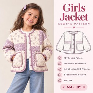May include: A quilted jacket sewing pattern featuring a cream and lavender floral patchwork design with a round neckline and button front. The digital file includes instructions for sizes 6M to 10Y, with PDF, A4, US Letter, A0, and projector formats.