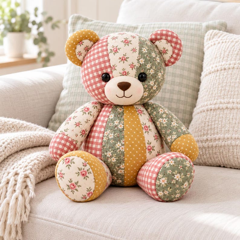 Pode incluir: Um urso de peluche feito de v&aacute;rios retalhos de tecido com padr&otilde;es florais, xadrez vichy vermelho e branco, e bolinhas amarelo-mostarda. O urso tem olhos redondos escuros, um nariz bordado castanho e uma boca sorridente num rosto creme.