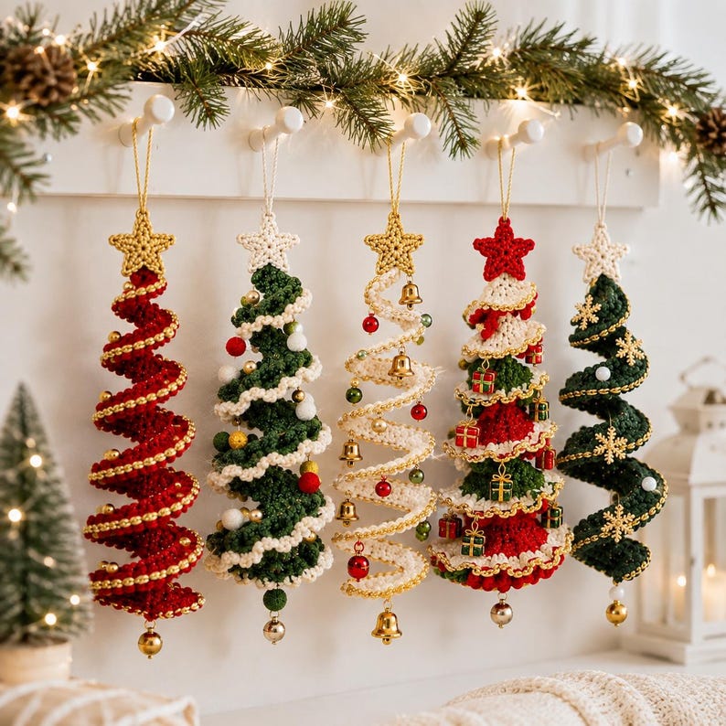 May include: Five spiral-shaped crochet Christmas tree ornaments hanging from a white rack. The trees are decorated with small beads, bells, and miniature gift boxes, each topped with a crocheted star. The colors include red, green, and cream.